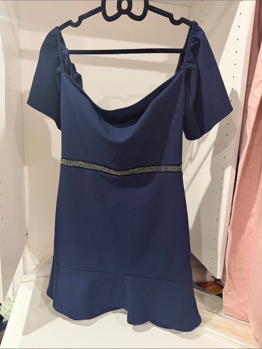 Off-Shoulder Navy Women’s Dress with Beaded Waist